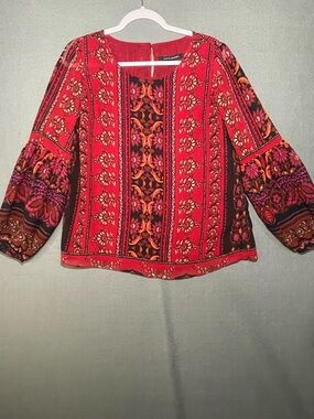 Zac & Rachel Red Boho Floral Blouse Size Small